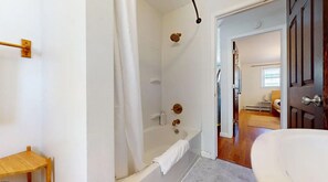 Hair dryer, towels, soap, shampoo