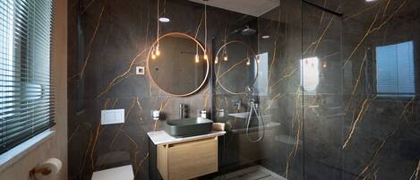 Shower, hair dryer, towels, toilet paper