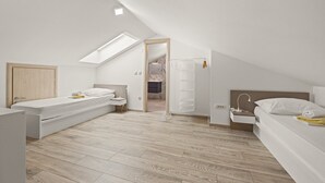 A modern bedroom with a skylight, a bed, a desk, and a wardrobe. - Sea View Vacation at Apartment Jana - Cres Island (Cres)
