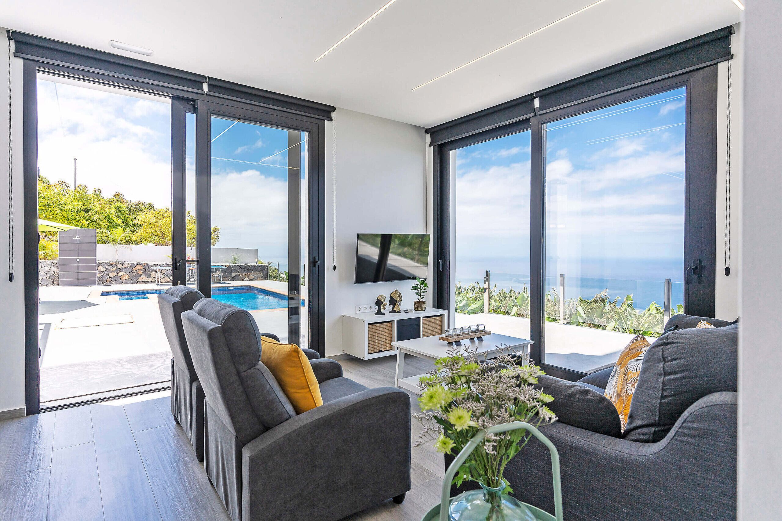 A modern living room with a TV, grey sofas, a coffee table, and a view of a swimming pool and greenery.