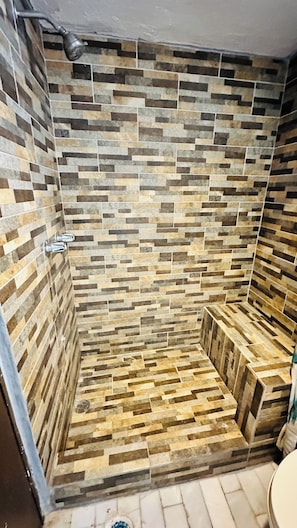 Shower, towels, soap, shampoo