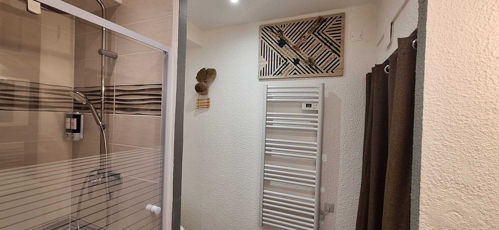 Un baño con cabina de ducha de vidrio, perchero, un adorno en la pared y un toallero blanco.