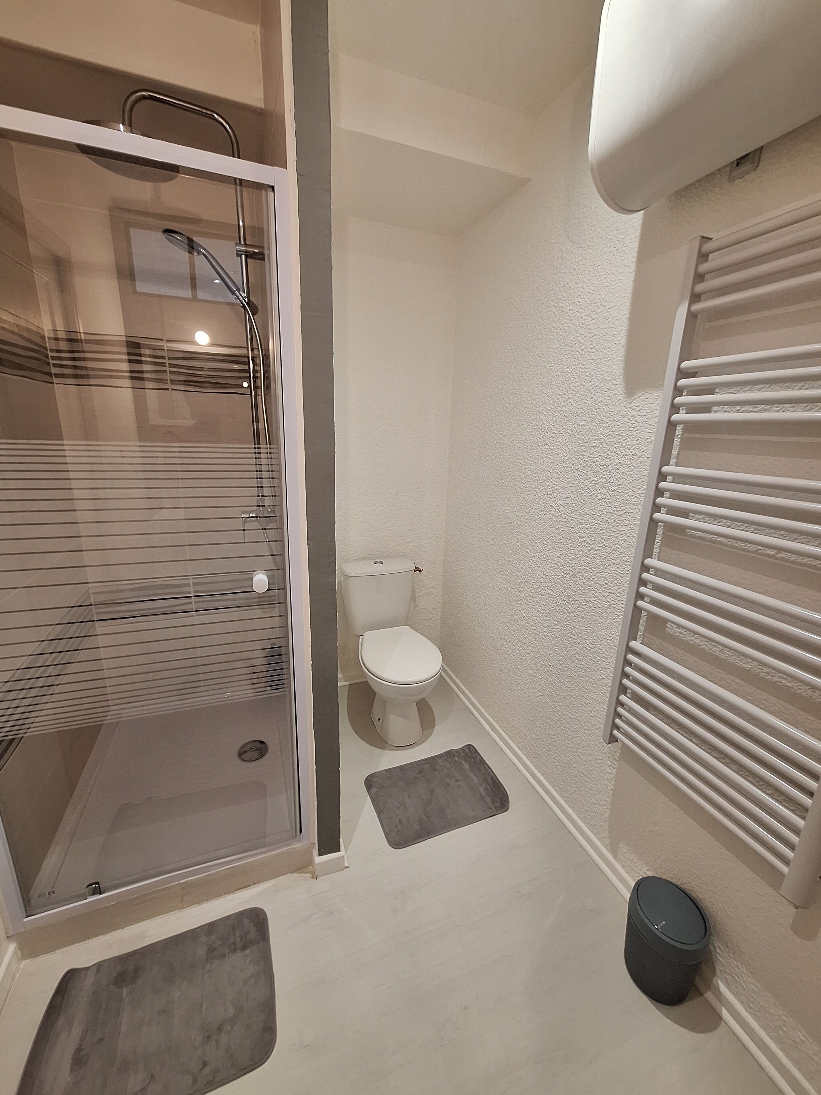 A modern bathroom with a glass shower enclosure, a white toilet, and a built-in towel rack.