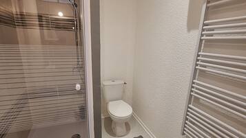A modern bathroom with a glass shower enclosure, a white toilet, and a built-in towel rack.