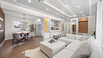 Smart TV, fireplace, books