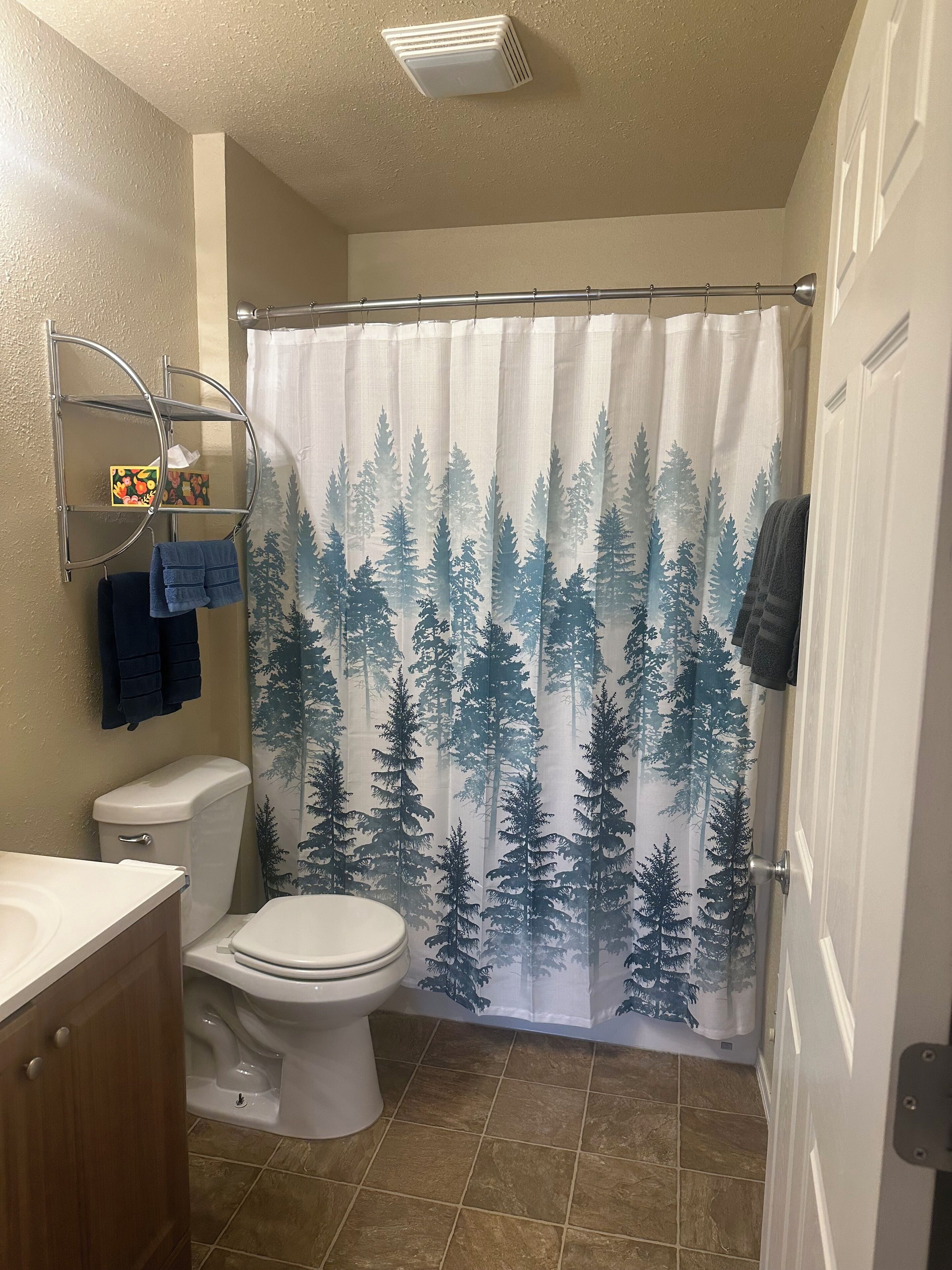 Hair dryer, towels, soap, shampoo