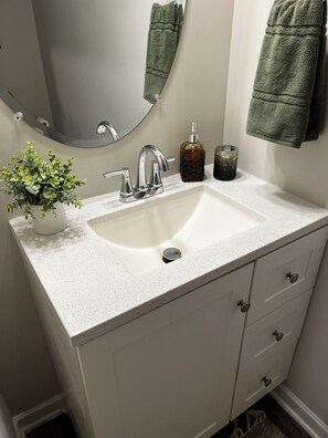Shower, hair dryer, bidet, towels