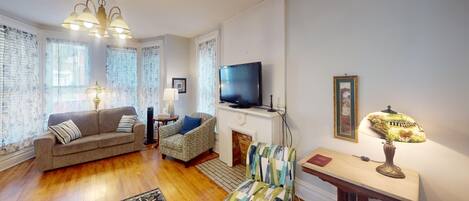 Smart TV, fireplace, DVD player, books