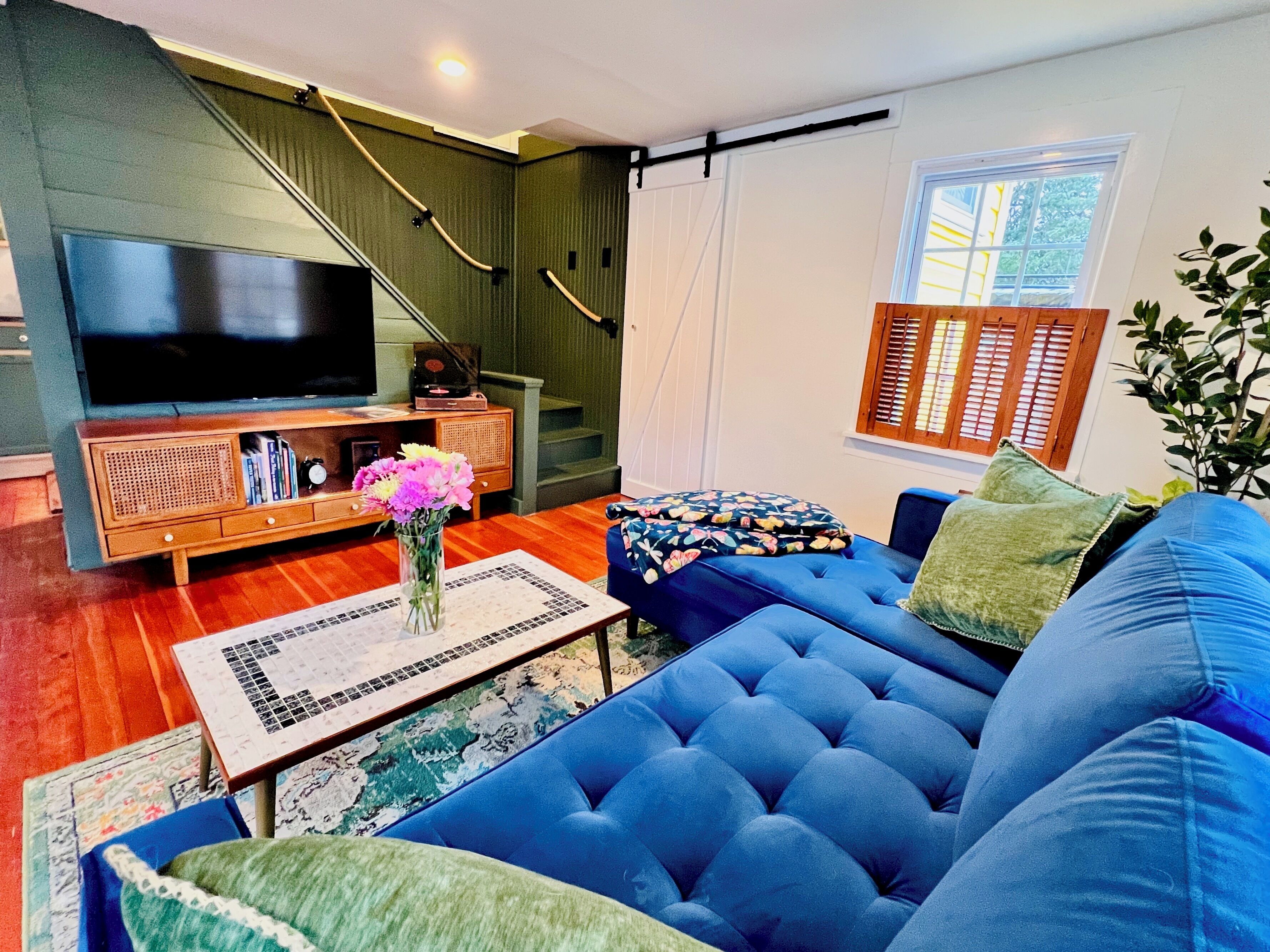 Smart TV, fireplace, books, music library