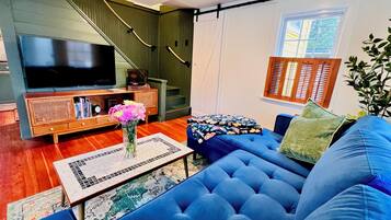 Smart TV, fireplace, books, music library