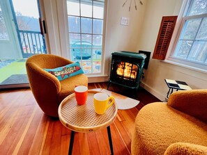 Smart TV, chimenea, libros, biblioteca de música