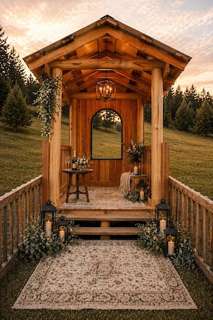 A wooden gazebo with a table and chairs, surrounded by lanterns and a rug.. Cabin Retreat + Optional Gazebo Engagements, Elopements and Vow Renewals