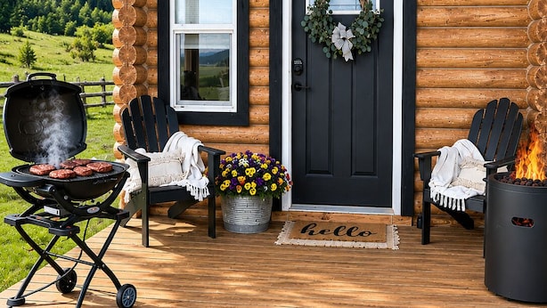 A log cabin with a black door, a welcome mat, two Adirondack chairs, a barbecue grill, and a fire pit.