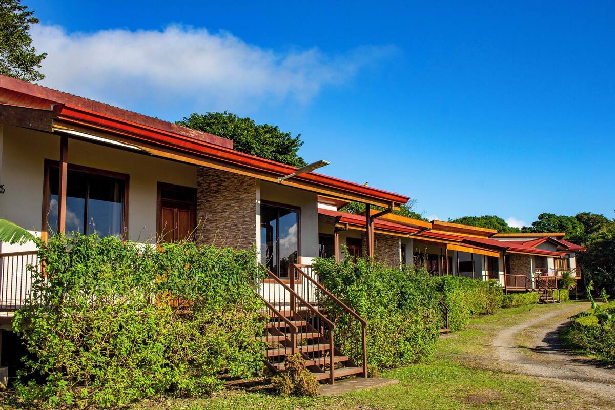 A row of modern, two-story cottages with red roofs, surrounded by lush greenery and a clear blue sky.