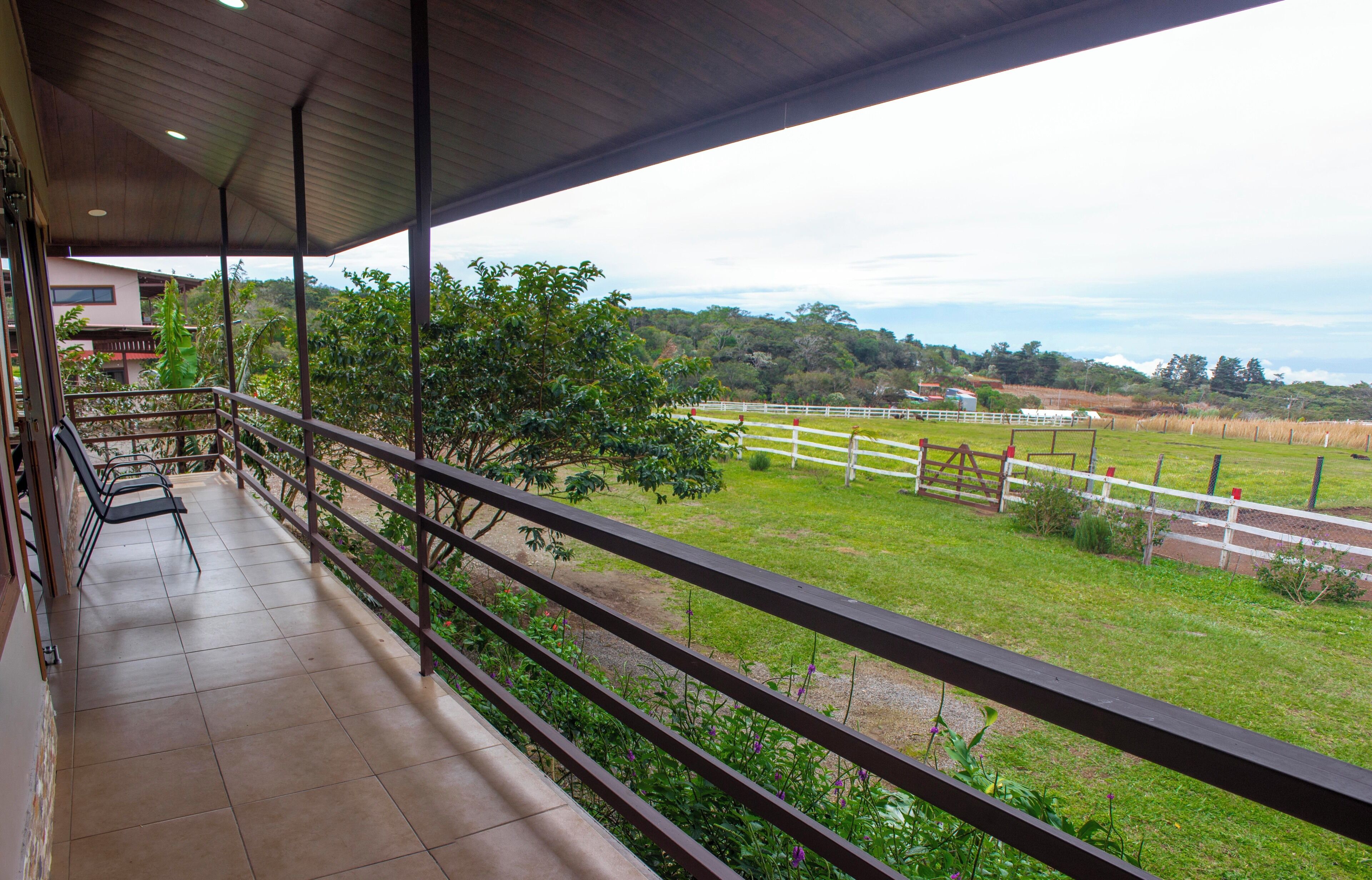 A balcony with a view of a fenced property and greenery.