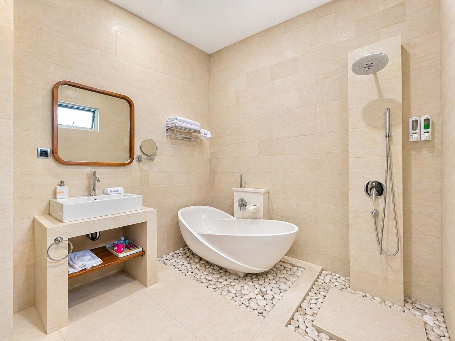 A modern bathroom with a freestanding bathtub, a walk-in shower, a vanity with a mirror, and a towel rack.