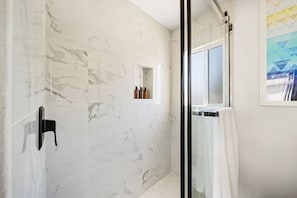 Hair dryer, towels, soap, shampoo