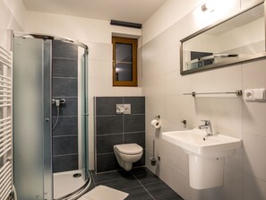 Un bagno moderno con doccia vetrata, un water e un lavabo con specchio sopra.
