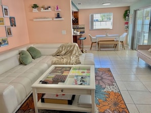 Smart TV, fireplace, table tennis, books
