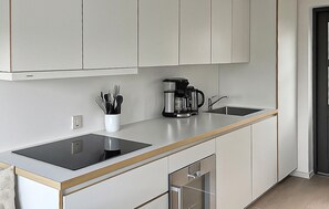 Fridge, stovetop, dishwasher, coffee/tea maker