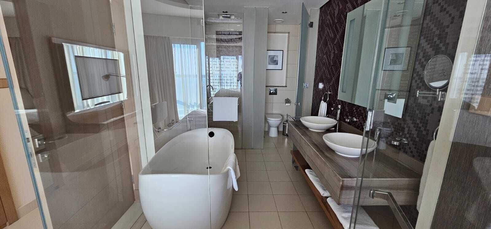 A modern bathroom with a freestanding bathtub, a vanity with a large mirror, and a separate toilet.