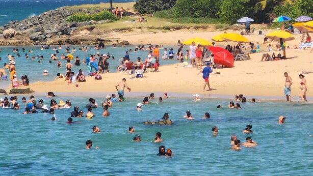Une plage bondée où les gens se baignent et prennent des bains de soleil.