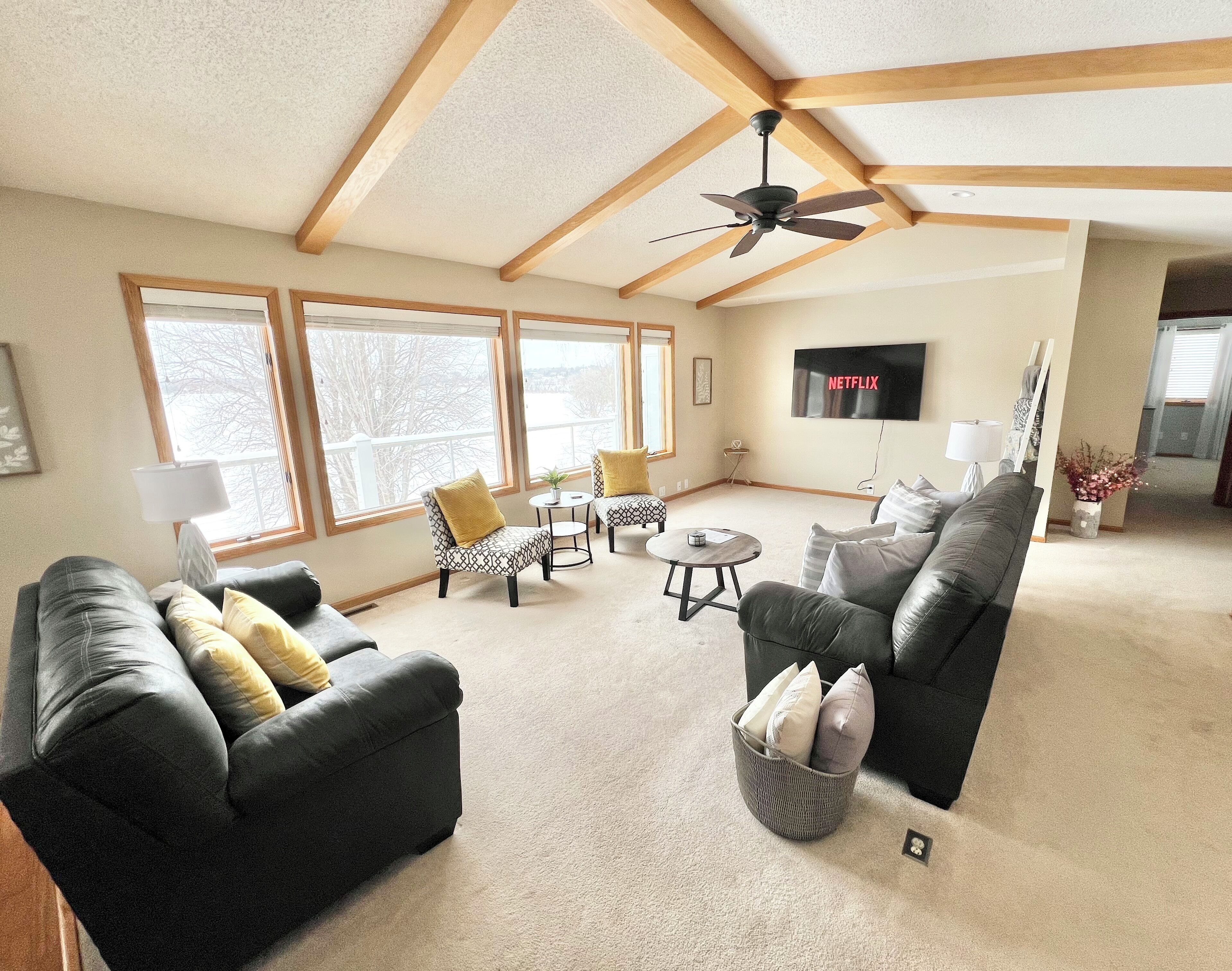 Smart TV, fireplace, books