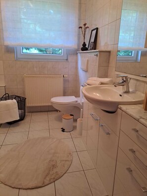 Dusche, Haartrockner, Handtücher, Seife