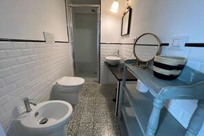 Shower, hair dryer, bidet, towels