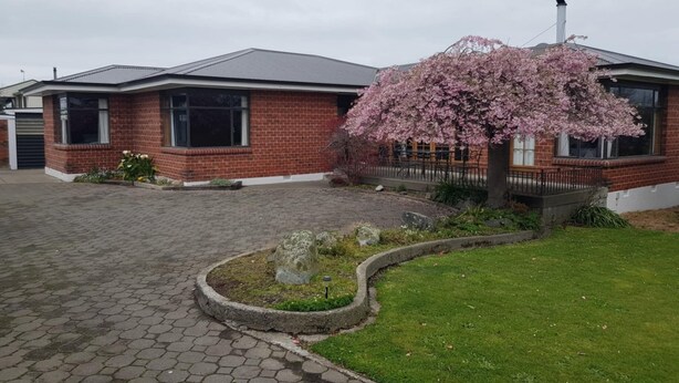 A red brick building with a large cherry blossom tree in front. - Home Sweet Home (Timaru)