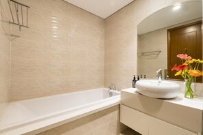 Hair dryer, towels, soap, shampoo