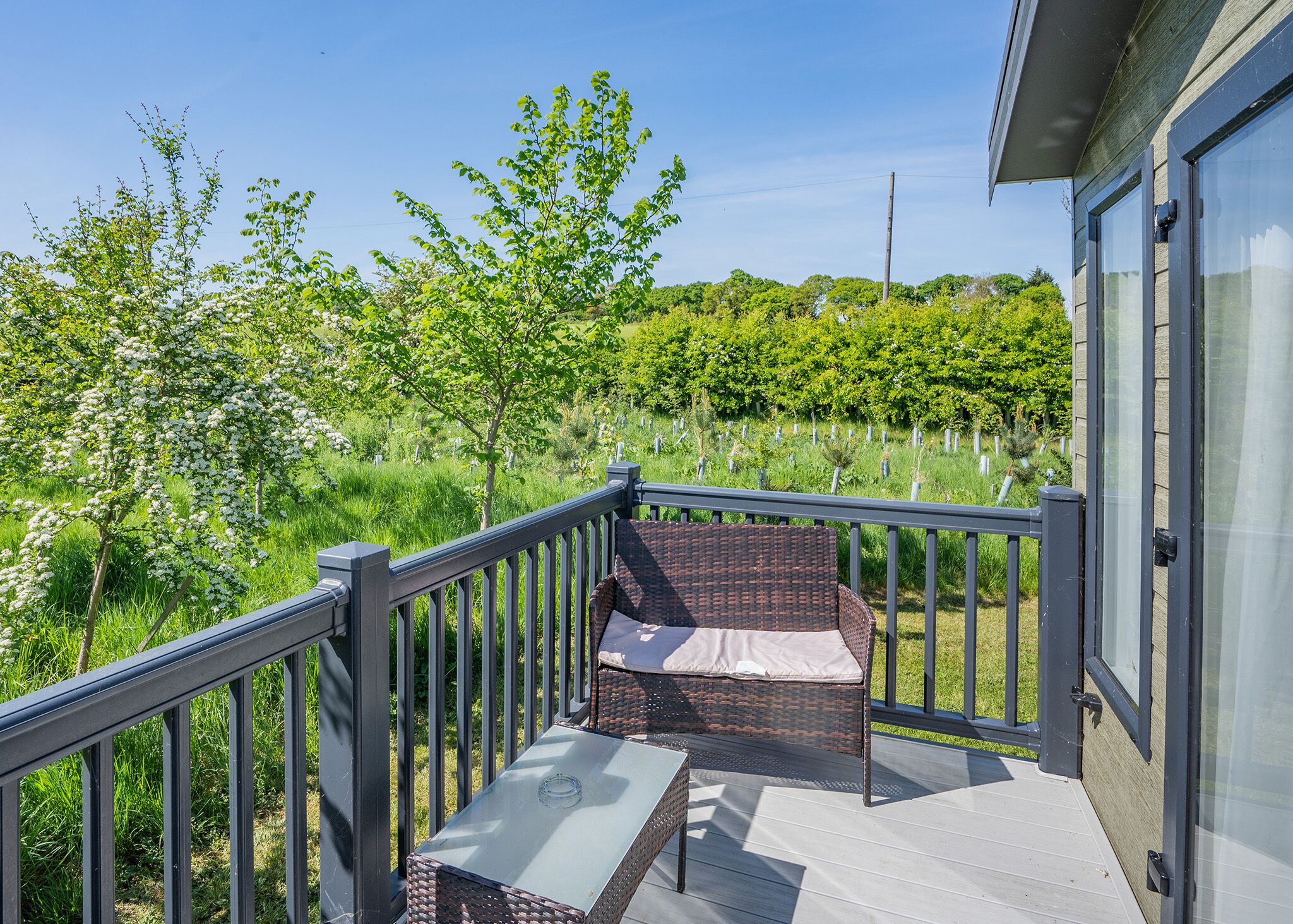 A balcony with a wicker chair and a small table, overlooking a garden with trees and a vineyard.