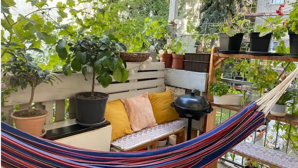 A hammock, a wooden bench with cushions, a potted plant, and a small table with a lamp.