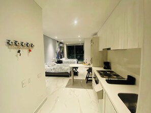 Fridge, oven, coffee/tea maker, toaster