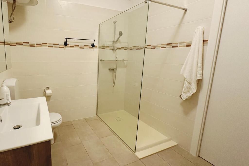 Shower, eco-friendly toiletries, hair dryer, towels