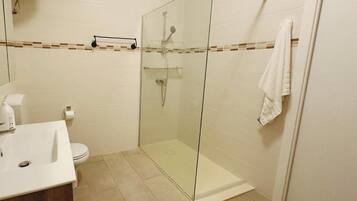 Shower, eco-friendly toiletries, hair dryer, towels