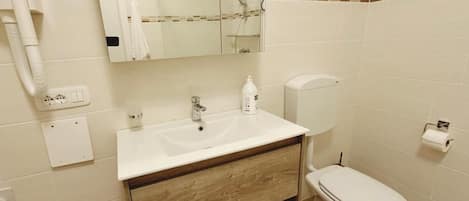 Shower, eco-friendly toiletries, hair dryer, towels