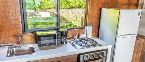 Une cuisine compacte équipée d’un évier, d’une cuisinière, d’un four à micro-ondes et d’un réfrigérateur.