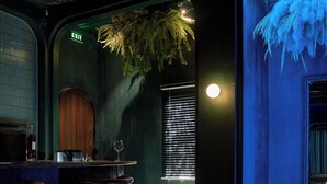 Uma área de bar com banquetas, uma mesa redonda com uma luminária e uma planta pendurada no teto.