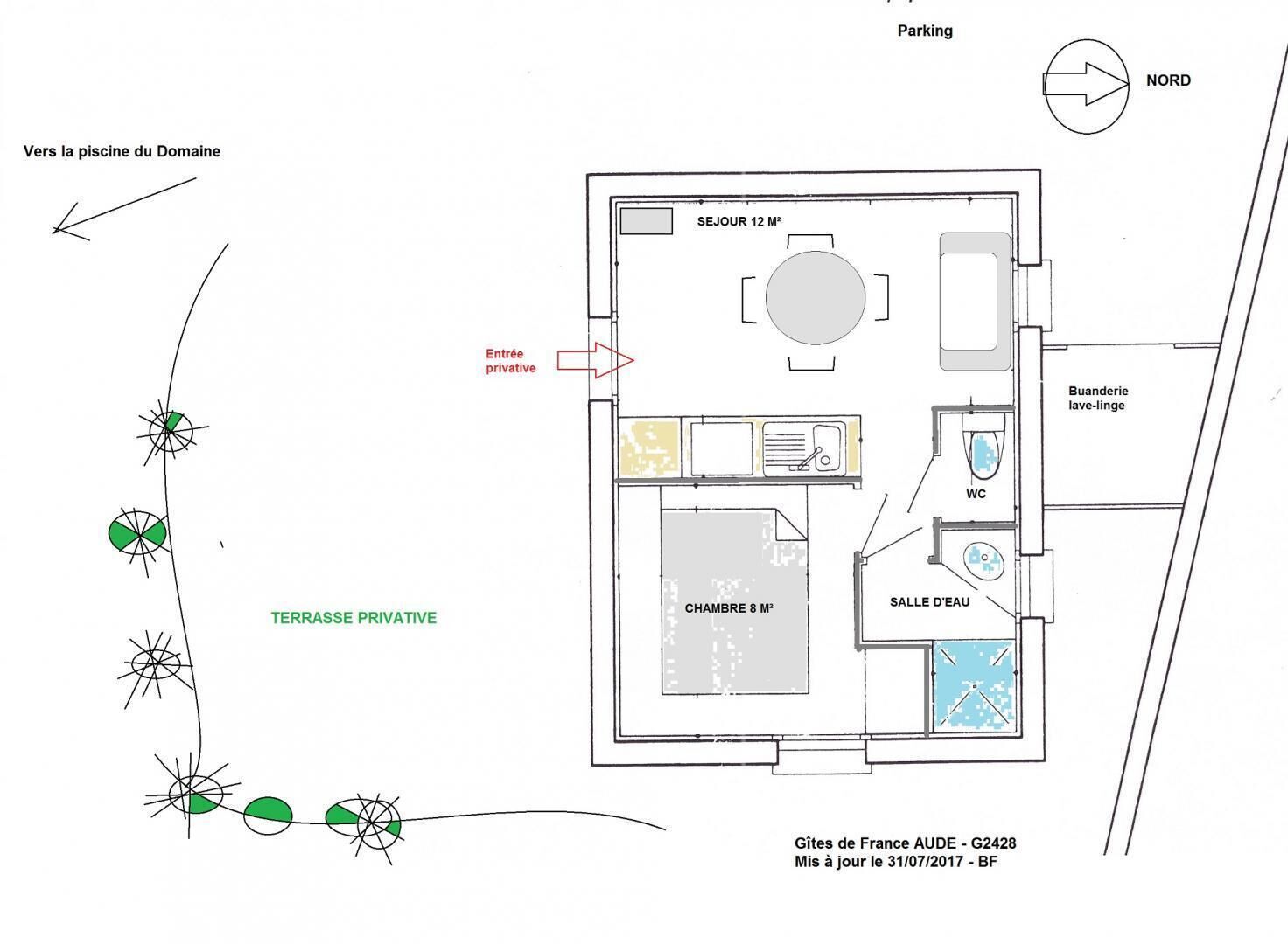 A hotel floor plan with private terrace, 12 sqm bathroom, 8 sqm bedroom, WC, shower, and private entrance.