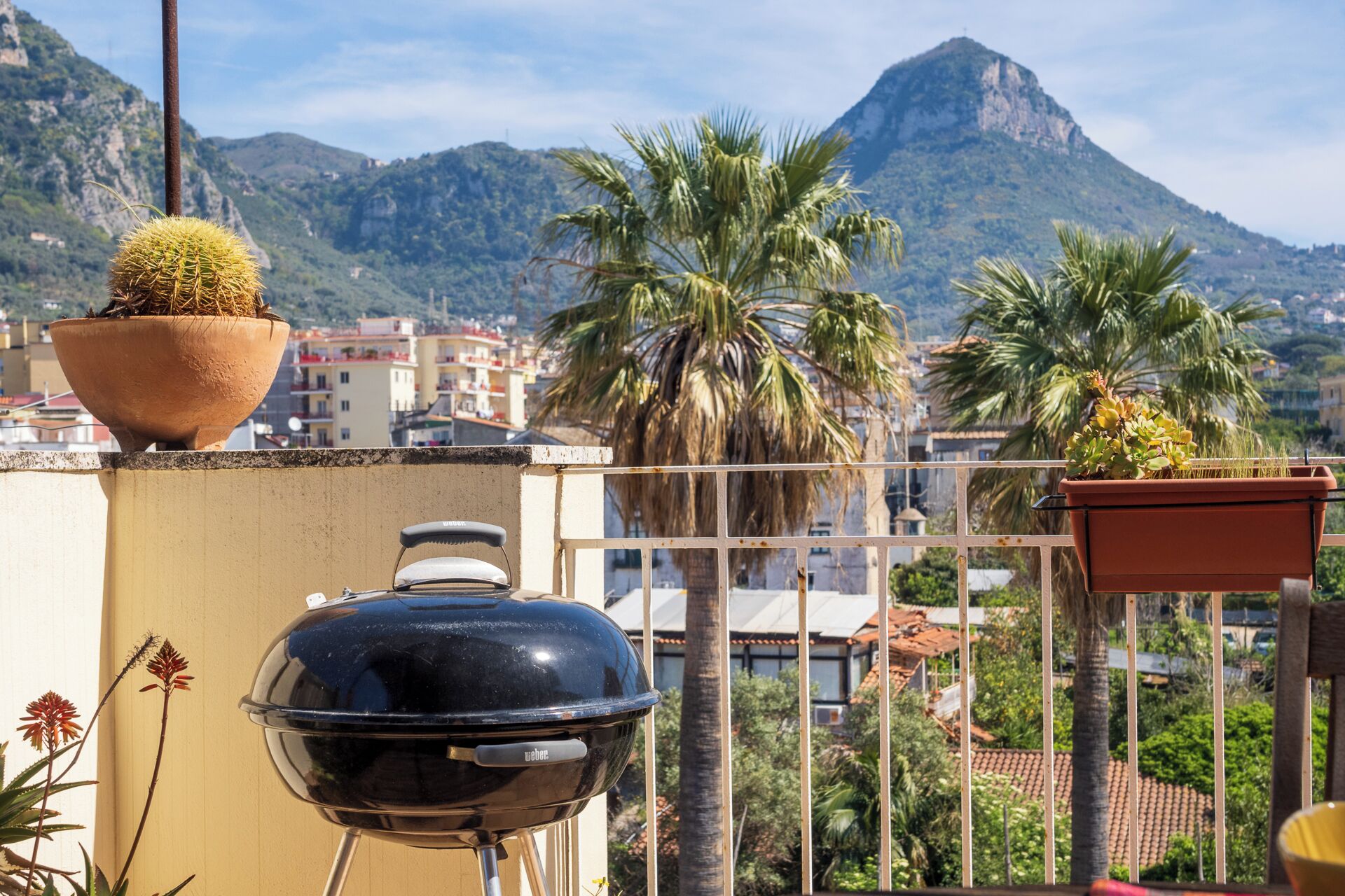 A balcony with a grill, potted plants, and a view of a mountain and buildings.