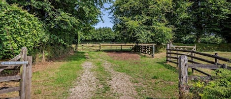 Ein Feldweg, der zu einem befestigten Bereich mit einem Feldweg und Holzzäunen führt.