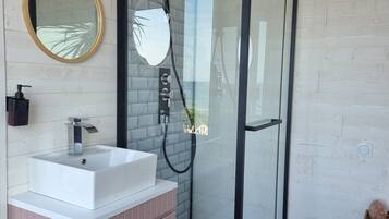 Jetted bath, hair dryer, towels, soap