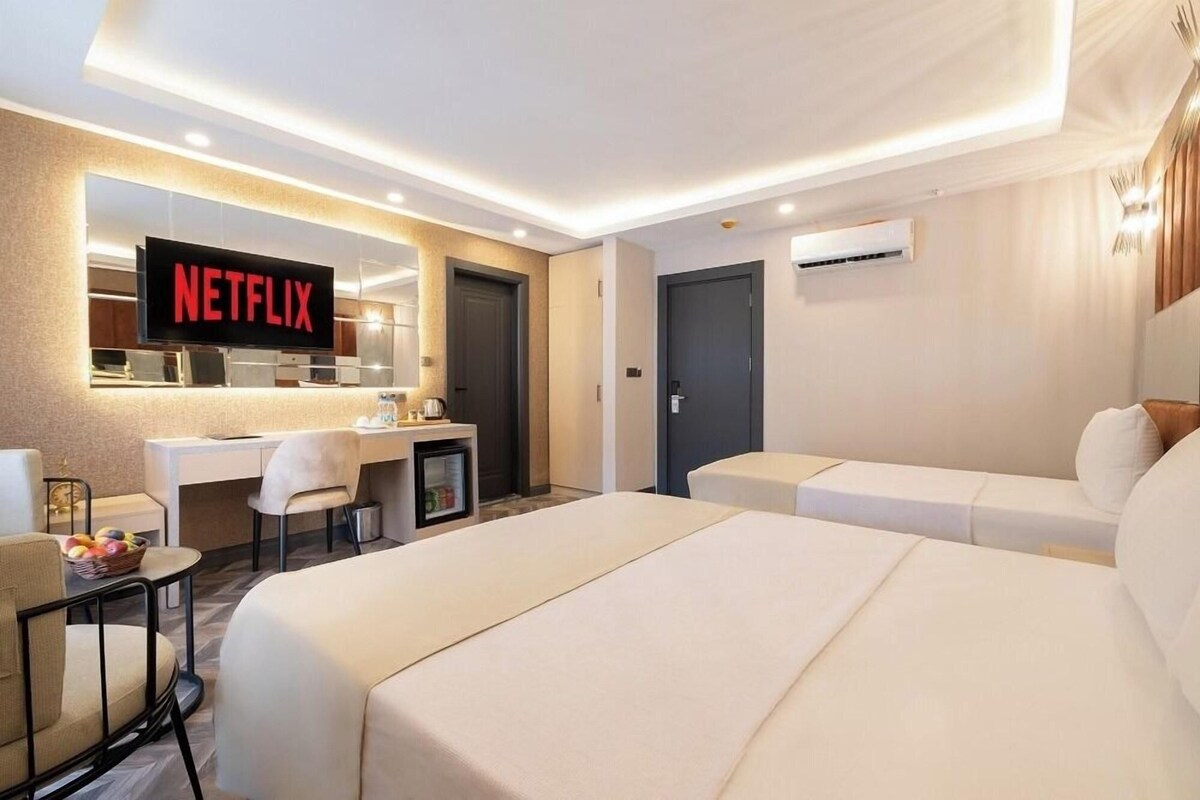 A hotel room with a bed, a desk, a chair, a TV displaying 'NETFLIX', and a door.