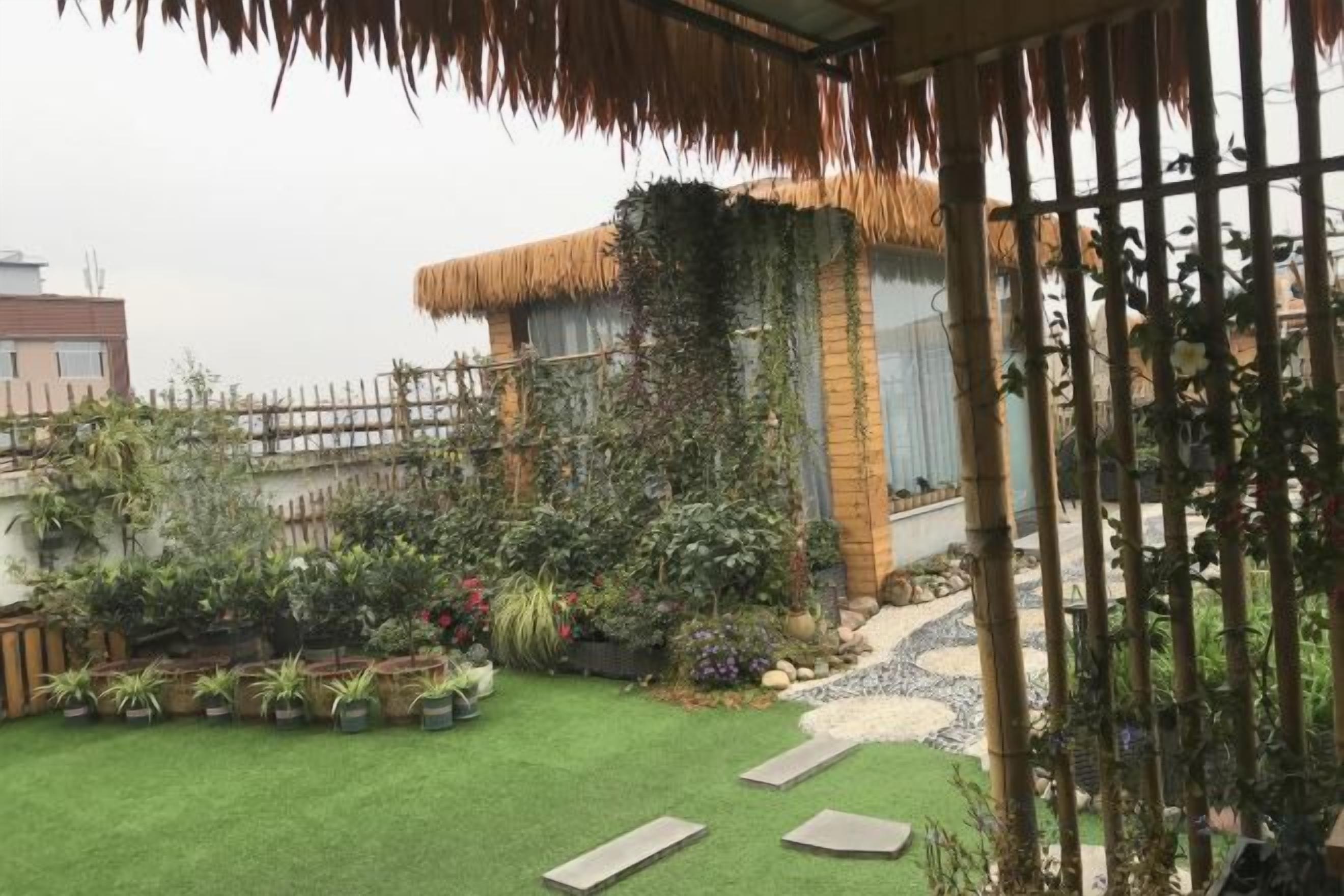 A rooftop garden with a thatched-roof structure, potted plants, and a small pathway.