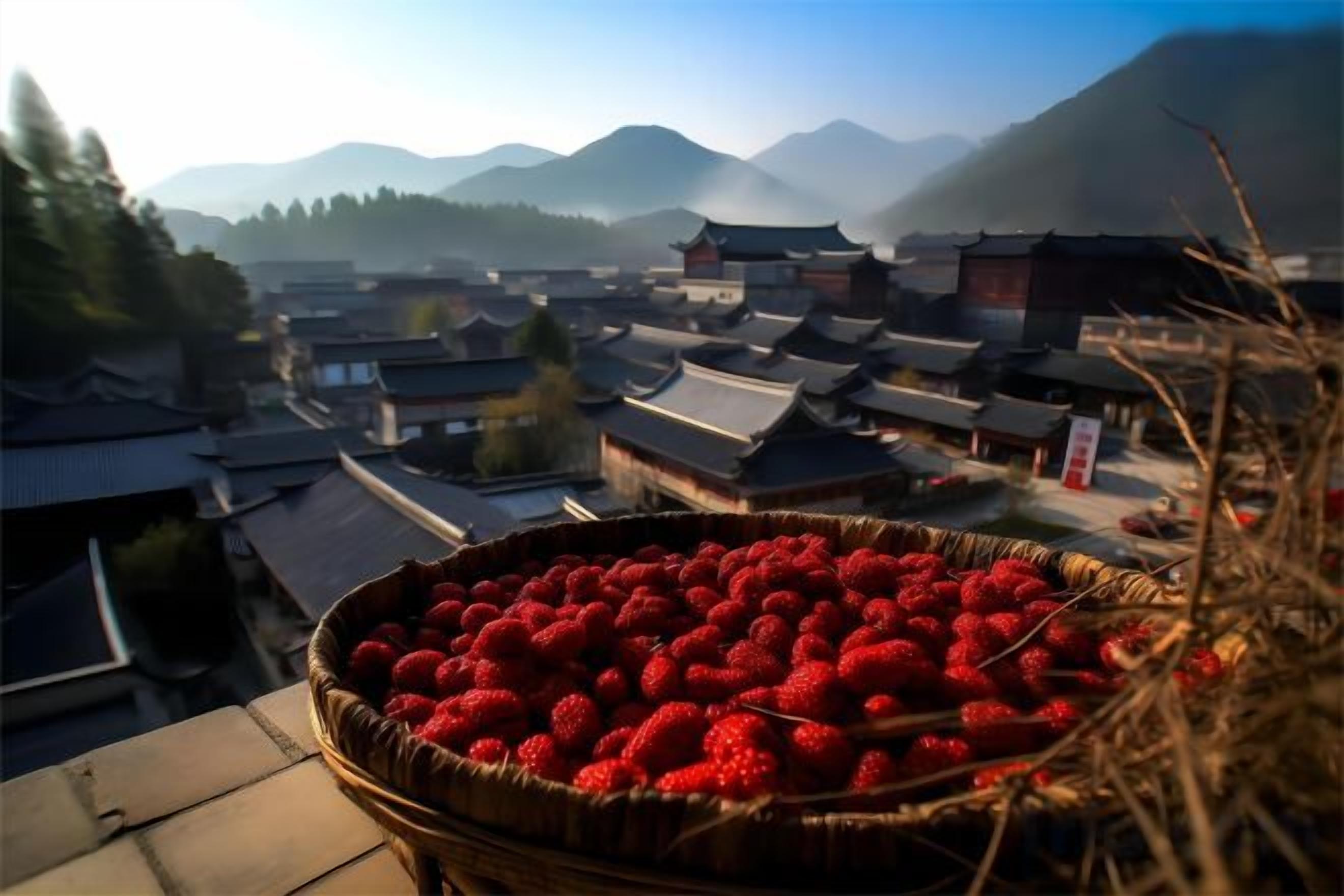 A traditional village with buildings and a basket of red berries in the foreground.