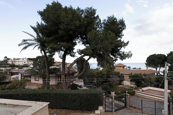 A residential area with houses, a large tree, and a gate.