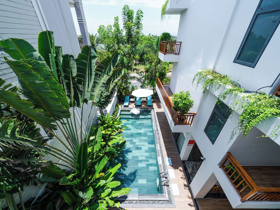 Habitación doble panorámica, vista a la alberca | Terraza o patio