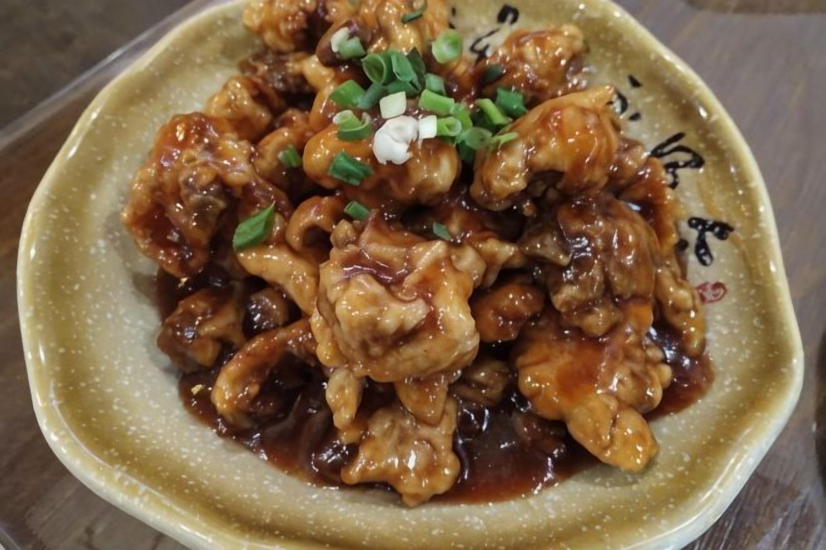 A plate of food with a sauce and garnished with green onions.