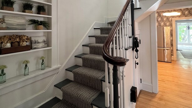 A staircase with a wooden handrail, carpeted steps, and white walls. There are shelves with plants and decorative items on the left side. - Fountain Blue - Lakeside  (Albert Lea)